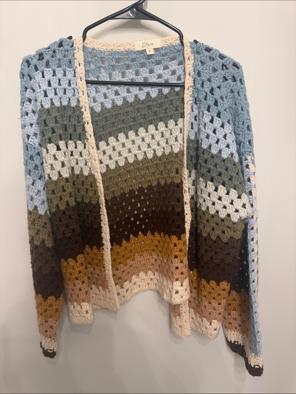 Elan Crochet Open-Front Cardigan in Blue, Green, Brown, Cream, Mustard